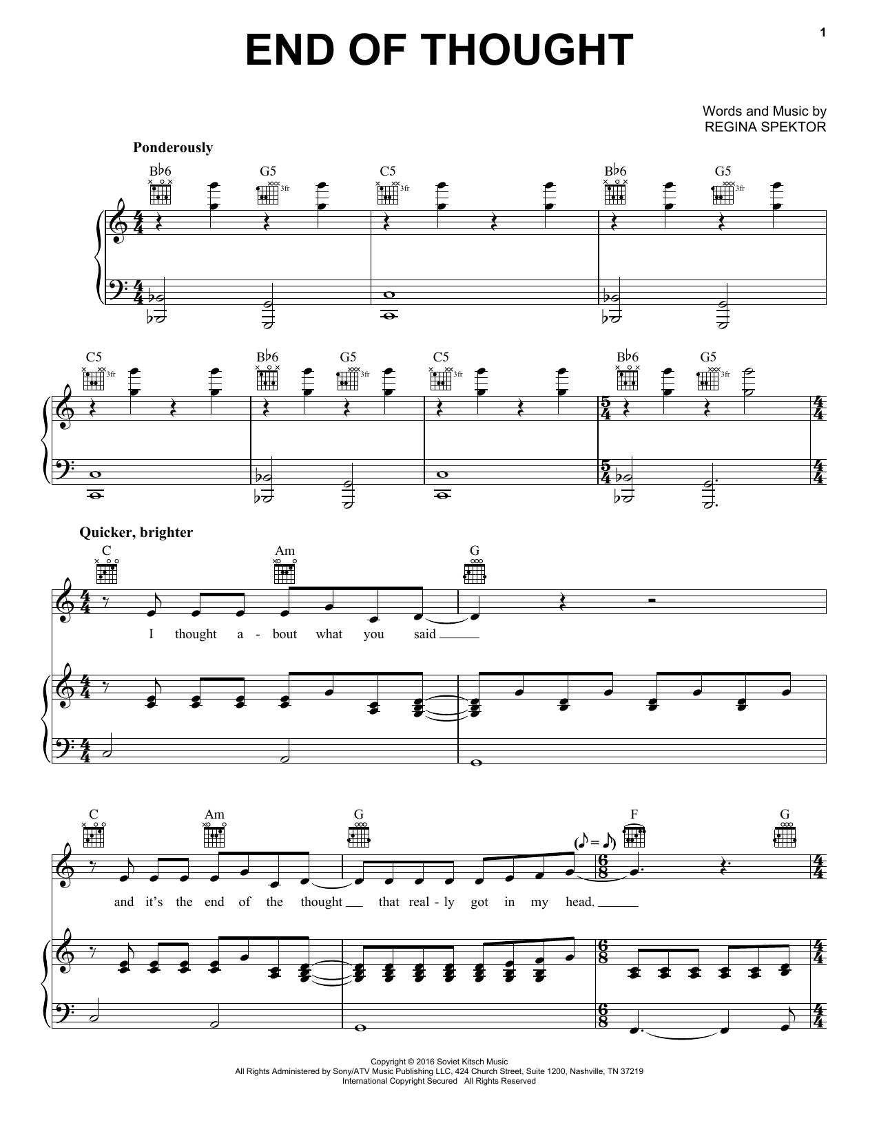 Regina Spektor End Of Thought sheet music notes and chords arranged for Piano, Vocal & Guitar Chords (Right-Hand Melody)