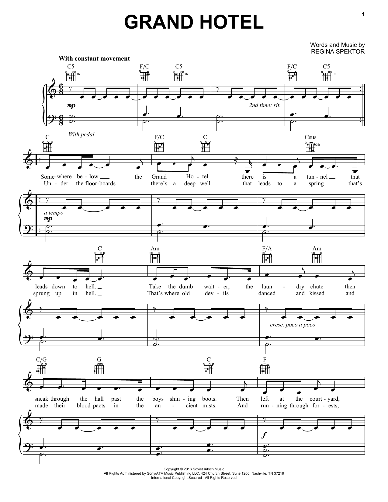 Regina Spektor Grand Hotel sheet music notes and chords arranged for Piano & Vocal