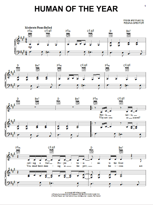 Regina Spektor Human Of The Year sheet music notes and chords arranged for Piano, Vocal & Guitar Chords (Right-Hand Melody)