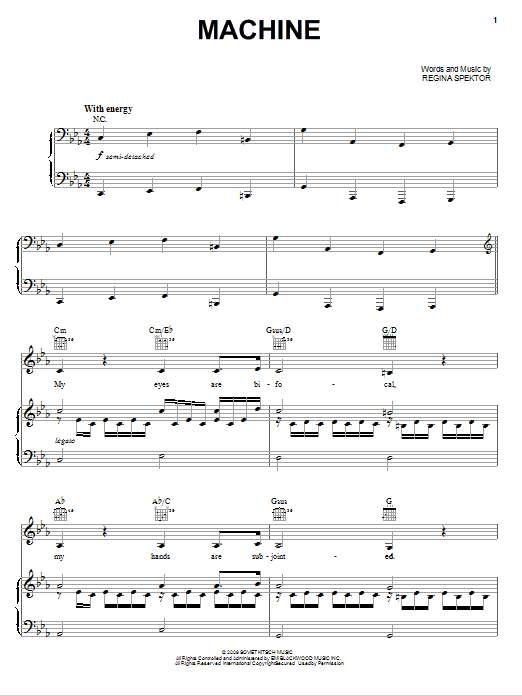 Regina Spektor Machine sheet music notes and chords arranged for Piano, Vocal & Guitar Chords (Right-Hand Melody)