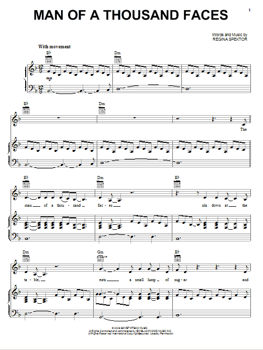 Regina Spektor Man Of A Thousand Faces sheet music notes and chords arranged for Piano, Vocal & Guitar Chords (Right-Hand Melody)