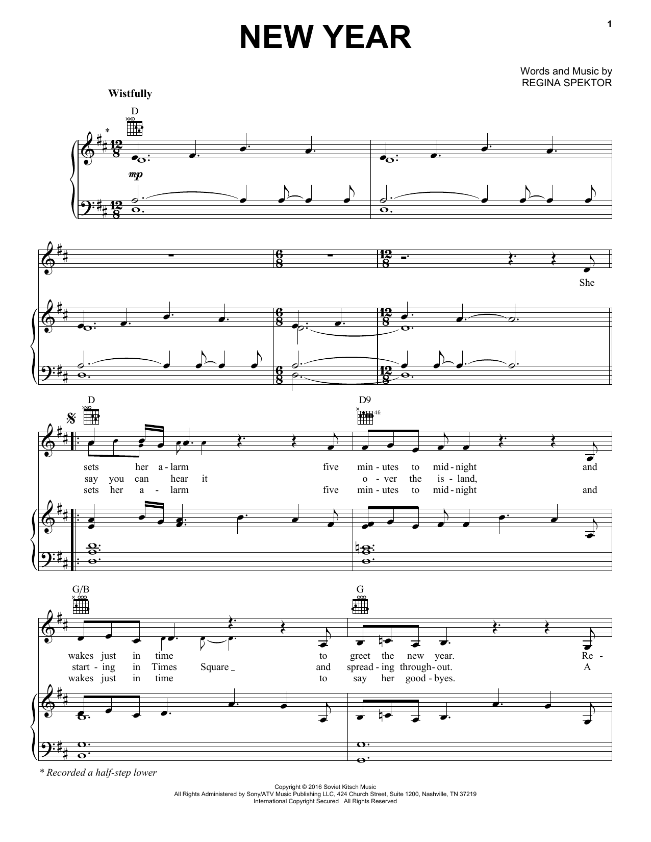 Regina Spektor New Year sheet music notes and chords arranged for Piano, Vocal & Guitar Chords (Right-Hand Melody)