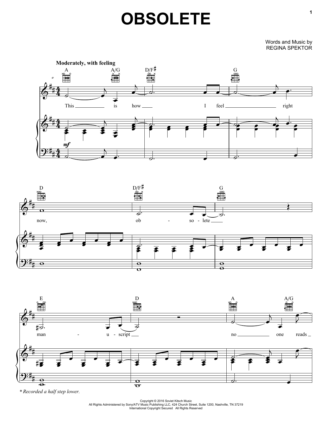 Regina Spektor Obsolete sheet music notes and chords arranged for Piano, Vocal & Guitar Chords (Right-Hand Melody)