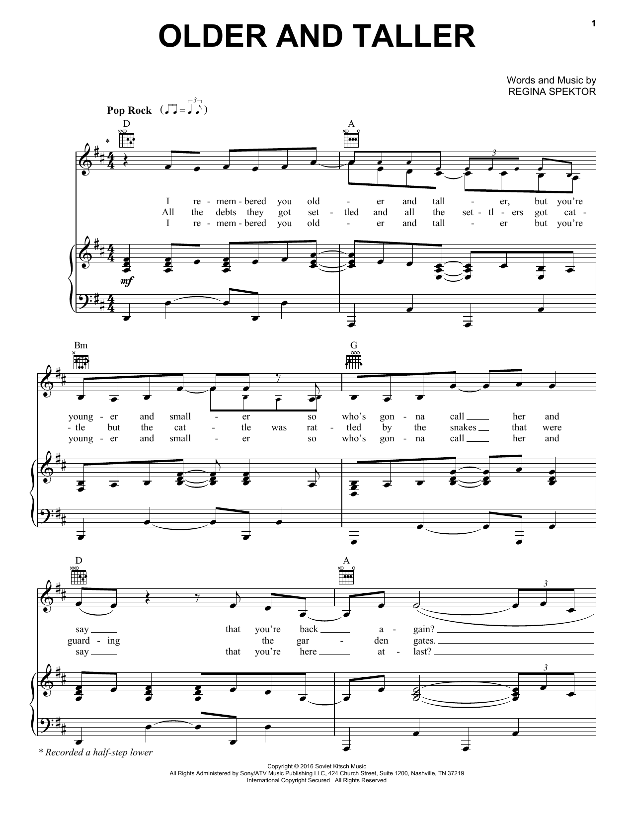 Regina Spektor Older And Taller sheet music notes and chords arranged for Piano, Vocal & Guitar Chords (Right-Hand Melody)