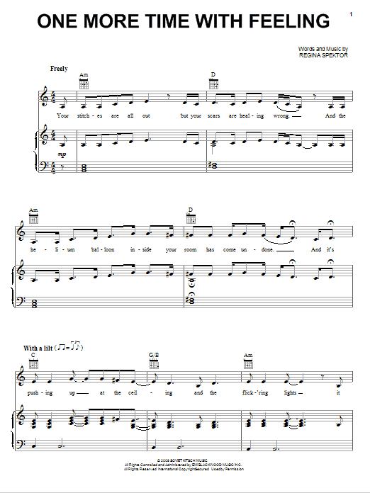 Regina Spektor One More Time With Feeling sheet music notes and chords arranged for Piano, Vocal & Guitar Chords (Right-Hand Melody)