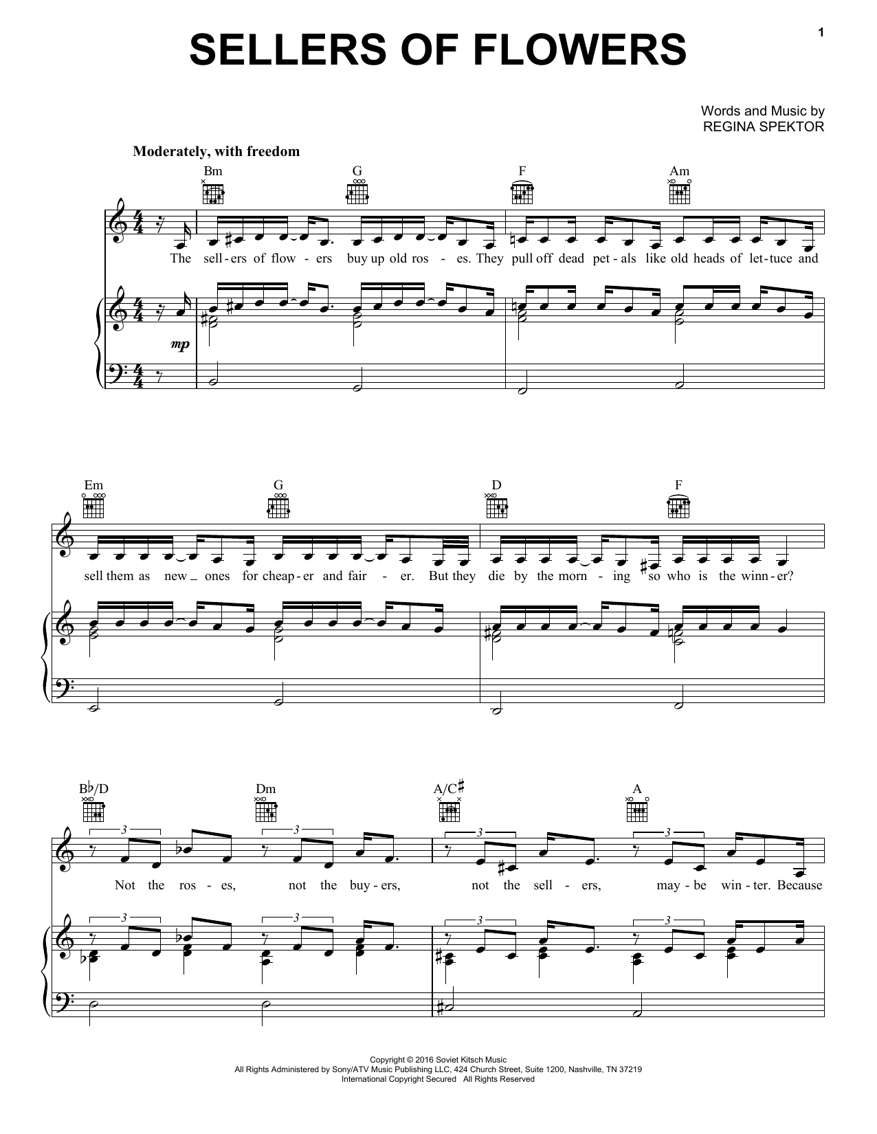 Regina Spektor Sellers Of Flowers sheet music notes and chords arranged for Piano, Vocal & Guitar Chords (Right-Hand Melody)