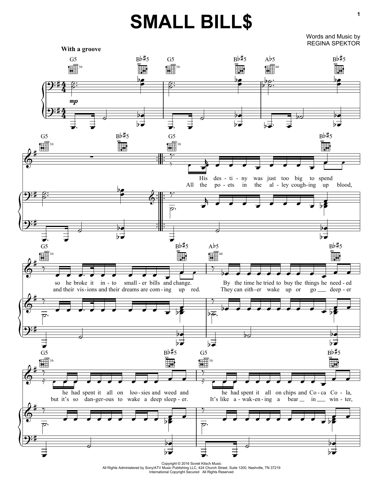 Regina Spektor Small Bill$ sheet music notes and chords arranged for Piano, Vocal & Guitar Chords (Right-Hand Melody)