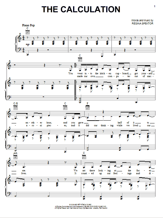 Regina Spektor The Calculation sheet music notes and chords arranged for Piano, Vocal & Guitar Chords (Right-Hand Melody)