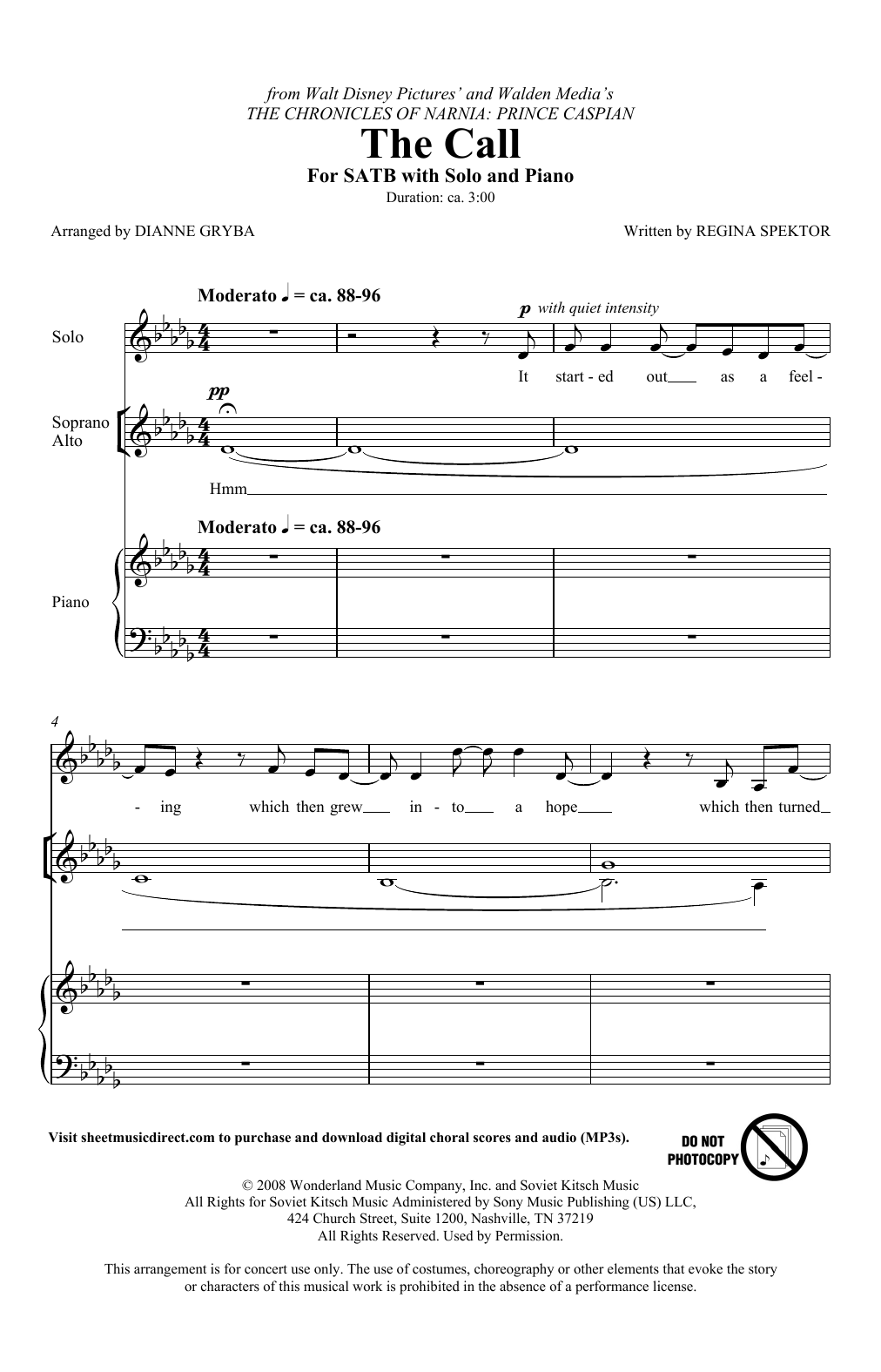 Regina Spektor The Call (from The Chronicles Of Narnia: Prince Caspian) (arr. Dianne Gryba) sheet music notes and chords arranged for SATB Choir