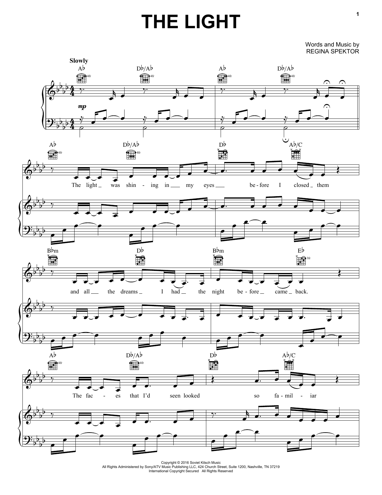 Regina Spektor The Light sheet music notes and chords arranged for Piano, Vocal & Guitar Chords (Right-Hand Melody)