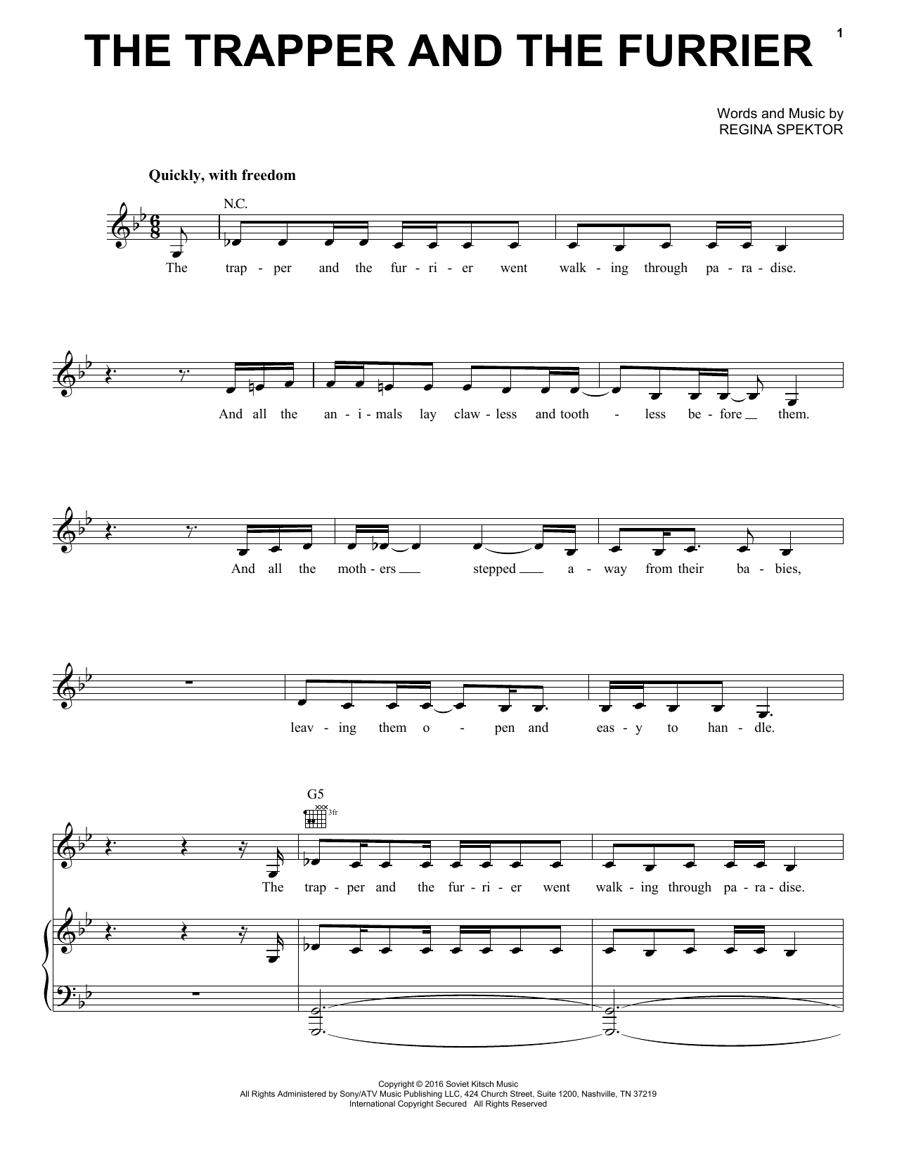 Regina Spektor The Trapper And The Furrier sheet music notes and chords arranged for Piano, Vocal & Guitar Chords (Right-Hand Melody)