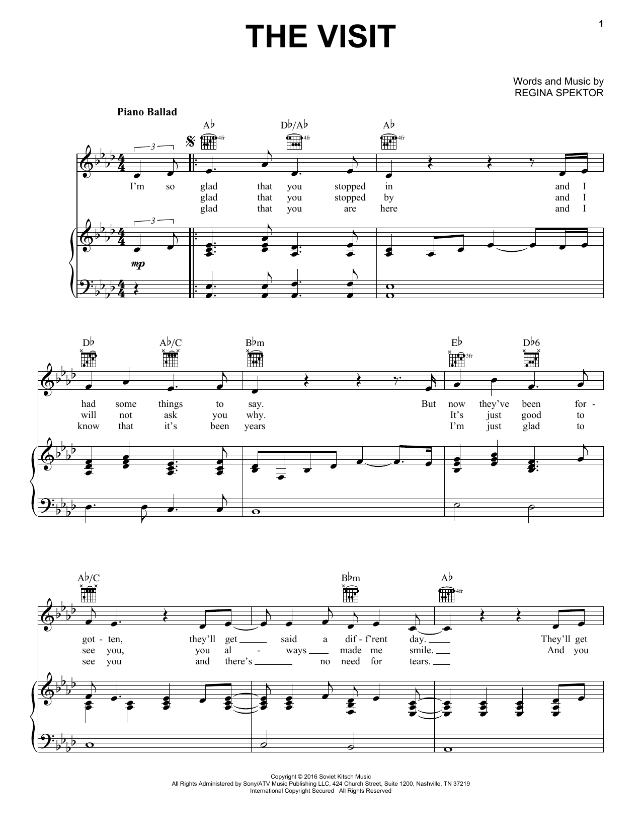 Regina Spektor The Visit sheet music notes and chords arranged for Piano, Vocal & Guitar Chords (Right-Hand Melody)