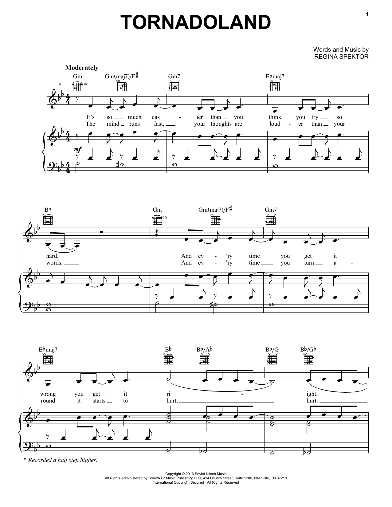 Regina Spektor Tornadoland sheet music notes and chords arranged for Piano, Vocal & Guitar Chords (Right-Hand Melody)
