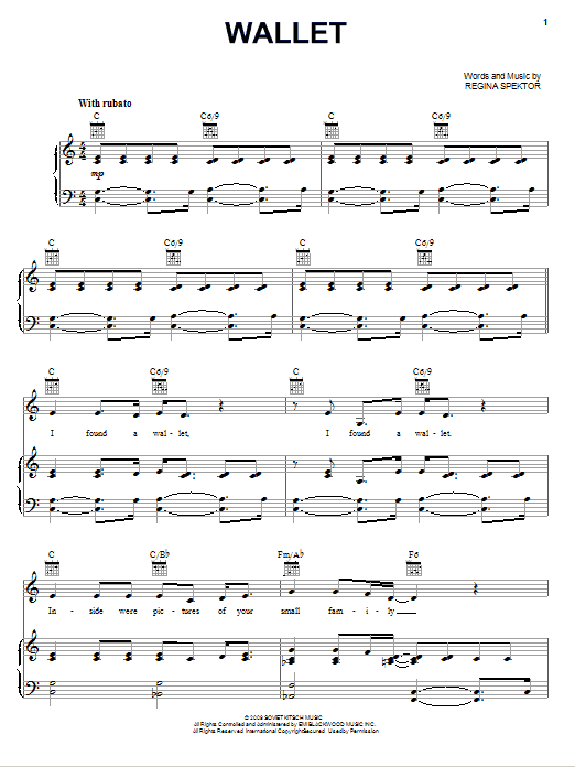 Regina Spektor Wallet sheet music notes and chords arranged for Piano, Vocal & Guitar Chords (Right-Hand Melody)