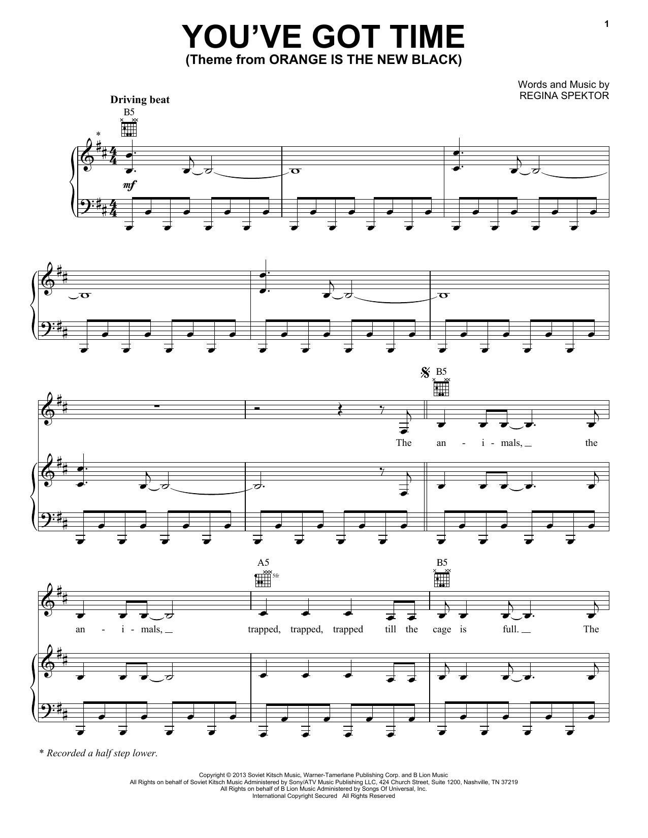 Regina Spektor You've Got Time (Theme from Orange Is The New Black) sheet music notes and chords arranged for Piano, Vocal & Guitar Chords (Right-Hand Melody)