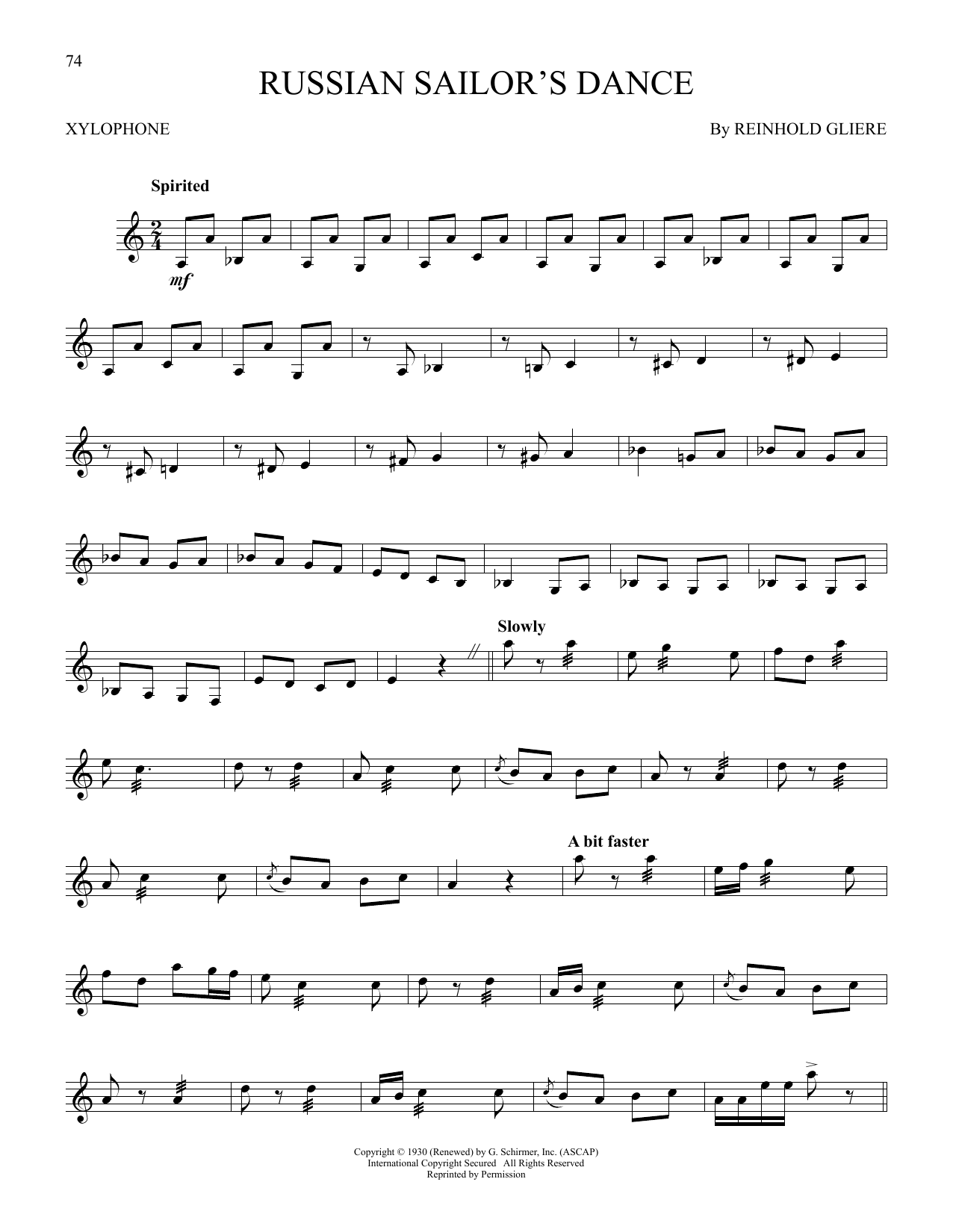 Reinhold Gliere Russian Sailor's Dance sheet music notes and chords arranged for Xylophone Solo