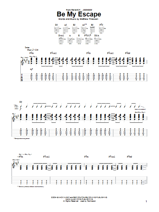 Relient K Be My Escape sheet music notes and chords arranged for Guitar Tab (Single Guitar)