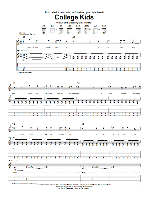 Relient K College Kids sheet music notes and chords arranged for Guitar Tab