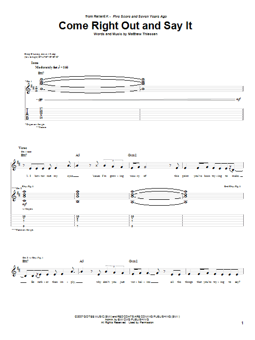 Relient K Come Right Out And Say It sheet music notes and chords arranged for Guitar Tab