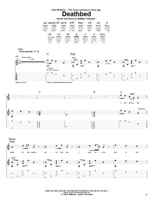 Relient K Deathbed sheet music notes and chords arranged for Guitar Tab
