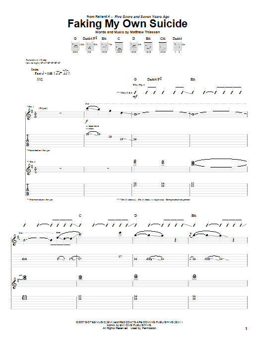 Relient K Faking My Own Suicide sheet music notes and chords arranged for Guitar Tab