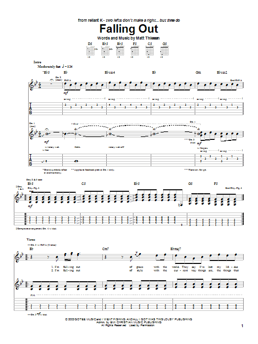 Relient K Falling Out sheet music notes and chords arranged for Guitar Tab