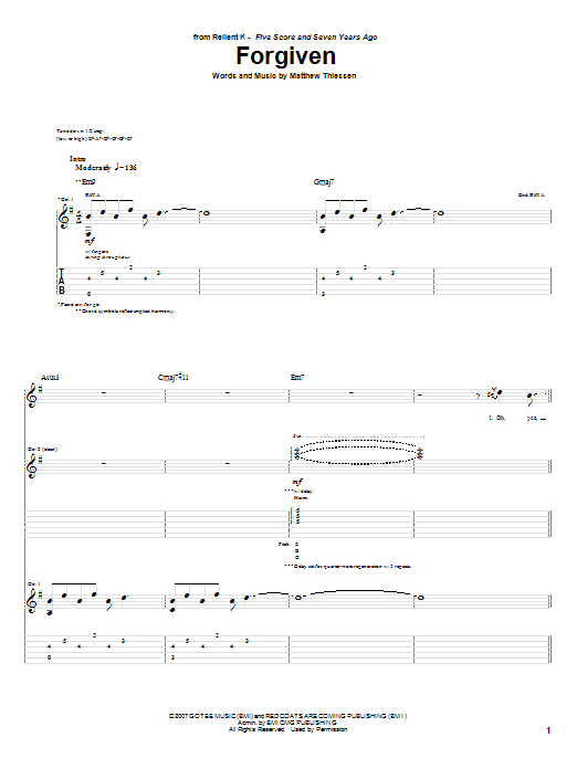 Relient K Forgiven sheet music notes and chords arranged for Easy Guitar Tab