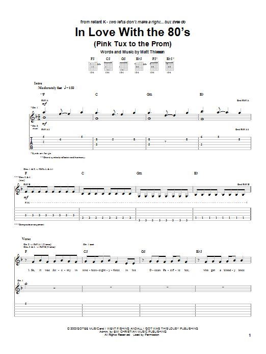 Relient K In Love With The 80's (Pink Tux To The Prom) sheet music notes and chords arranged for Guitar Tab