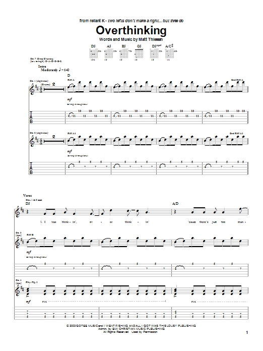 Relient K Overthinking sheet music notes and chords arranged for Guitar Tab