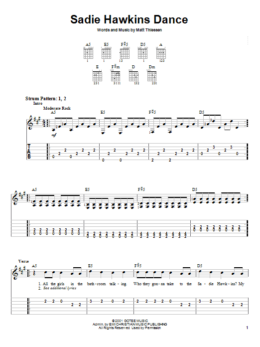 Relient K Sadie Hawkins Dance sheet music notes and chords arranged for Easy Guitar Tab