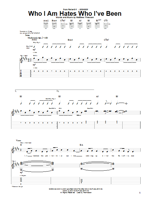 Relient K Who I Am Hates Who I've Been sheet music notes and chords arranged for Guitar Tab