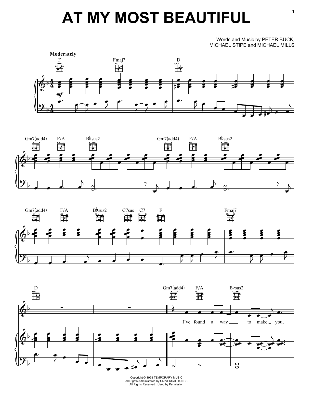 R.E.M. At My Most Beautiful sheet music notes and chords arranged for Piano, Vocal & Guitar Chords (Right-Hand Melody)