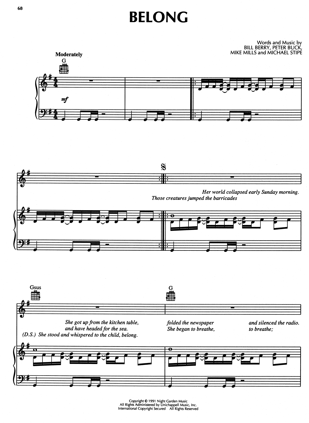 R.E.M. Belong sheet music notes and chords arranged for Piano, Vocal & Guitar Chords (Right-Hand Melody)