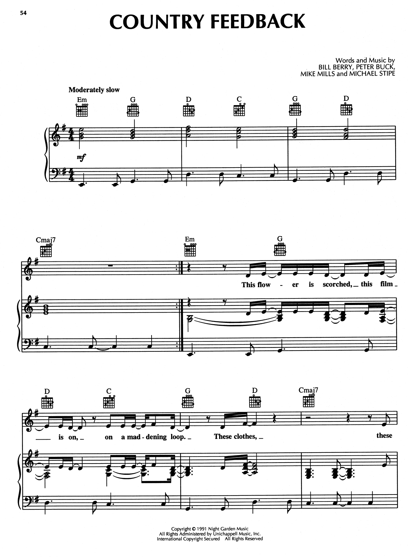 R.E.M. Country Feedback sheet music notes and chords arranged for Piano, Vocal & Guitar Chords (Right-Hand Melody)