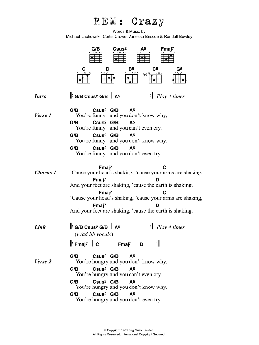 R.E.M. Crazy sheet music notes and chords arranged for Guitar Chords/Lyrics