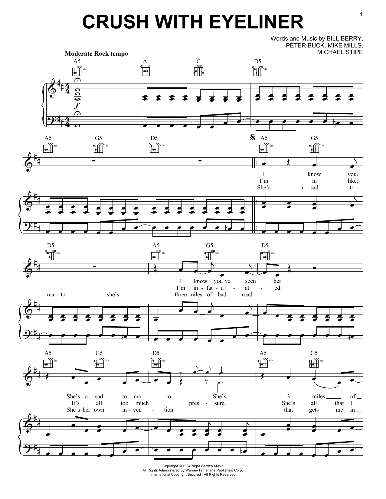 R.E.M. Crush With Eyeliner sheet music notes and chords arranged for Piano, Vocal & Guitar Chords (Right-Hand Melody)