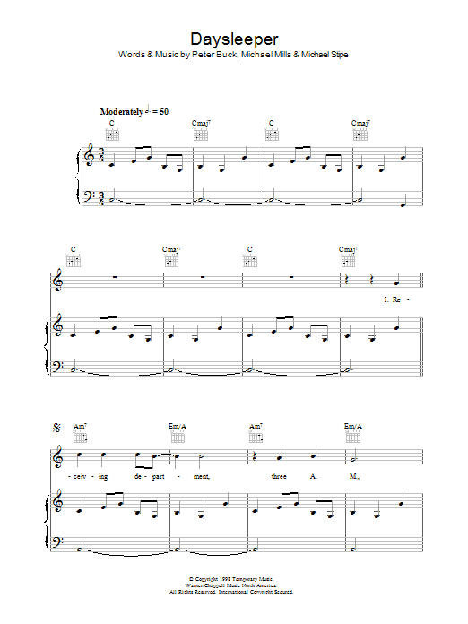 R.E.M. Daysleeper sheet music notes and chords arranged for Piano, Vocal & Guitar Chords