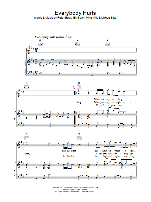 R.E.M. Everybody Hurts sheet music notes and chords arranged for Piano, Vocal & Guitar Chords (Right-Hand Melody)