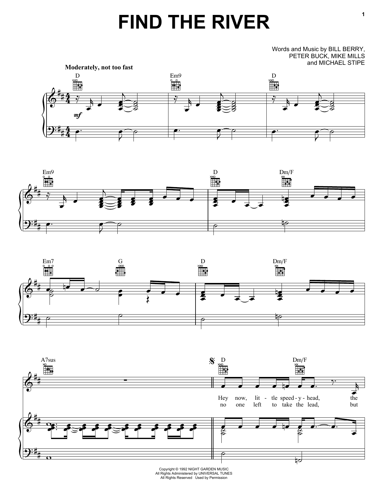 R.E.M. Find The River sheet music notes and chords arranged for Piano, Vocal & Guitar Chords (Right-Hand Melody)