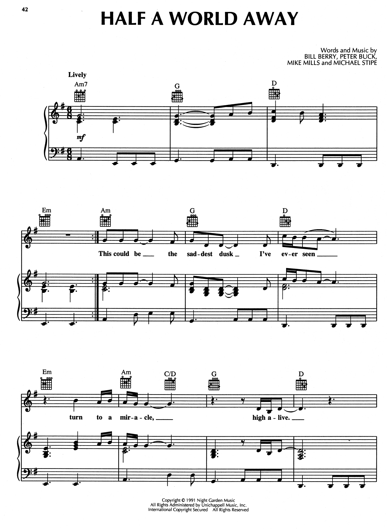 R.E.M. Half A World Away sheet music notes and chords arranged for Piano, Vocal & Guitar Chords (Right-Hand Melody)