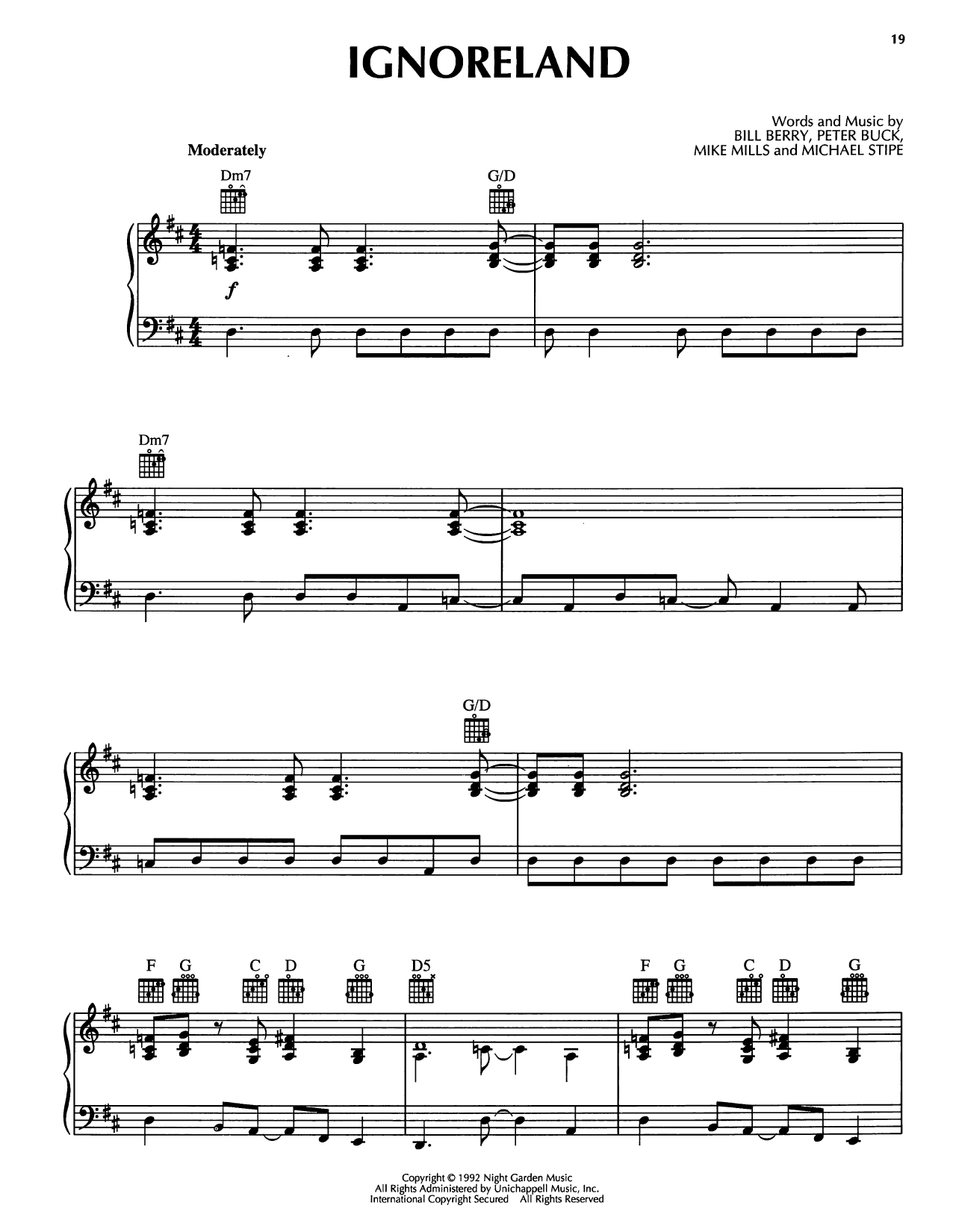 R.E.M. Ignoreland sheet music notes and chords arranged for Piano, Vocal & Guitar Chords (Right-Hand Melody)