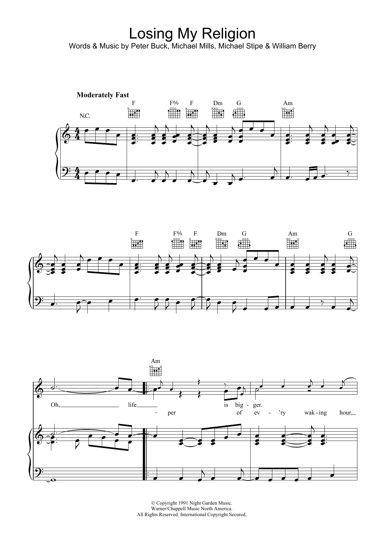 R.E.M. Losing My Religion sheet music notes and chords arranged for Baritone Ukulele