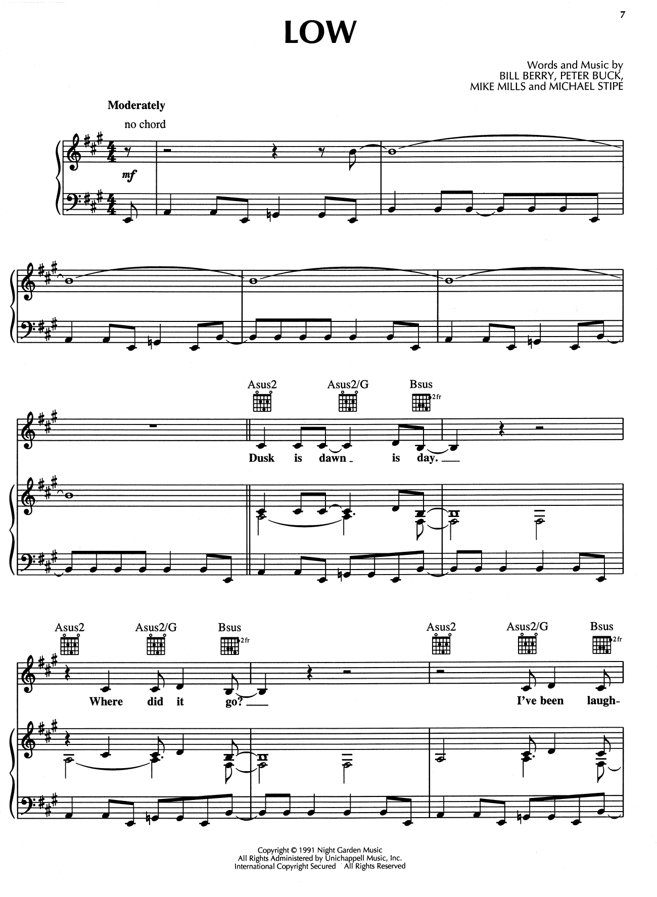 R.E.M. Low sheet music notes and chords arranged for Piano, Vocal & Guitar Chords (Right-Hand Melody)