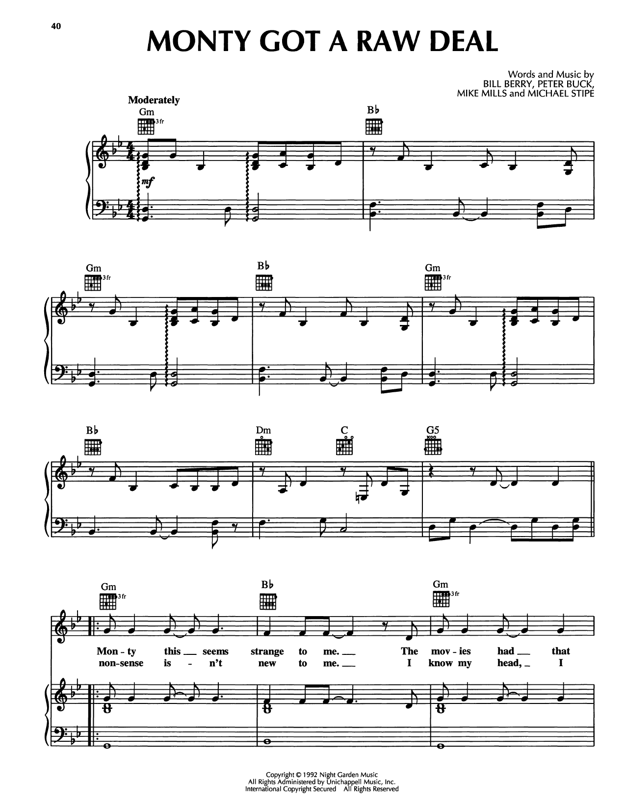 R.E.M. Monty Got A Raw Deal sheet music notes and chords arranged for Piano, Vocal & Guitar Chords (Right-Hand Melody)