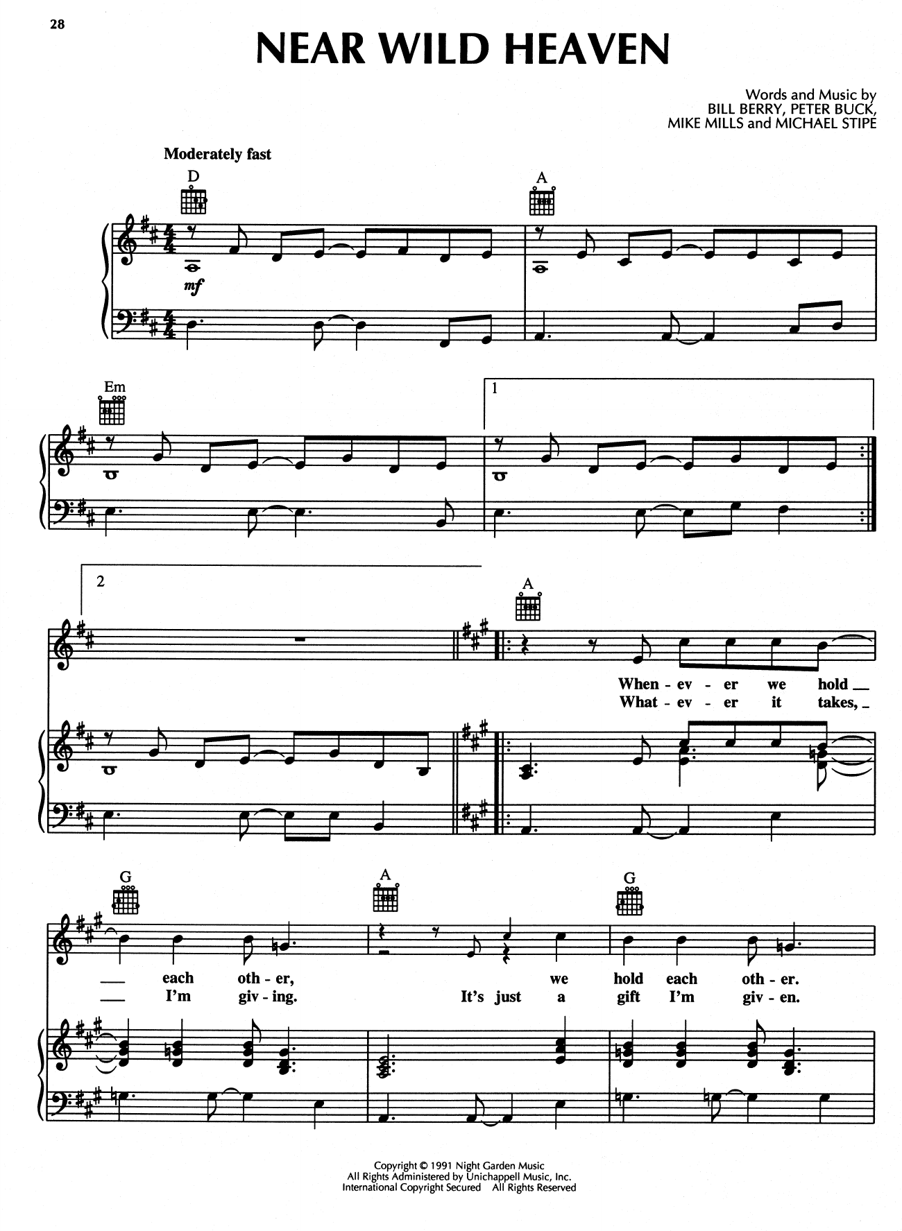 R.E.M. Near Wild Heaven sheet music notes and chords arranged for Piano, Vocal & Guitar Chords (Right-Hand Melody)