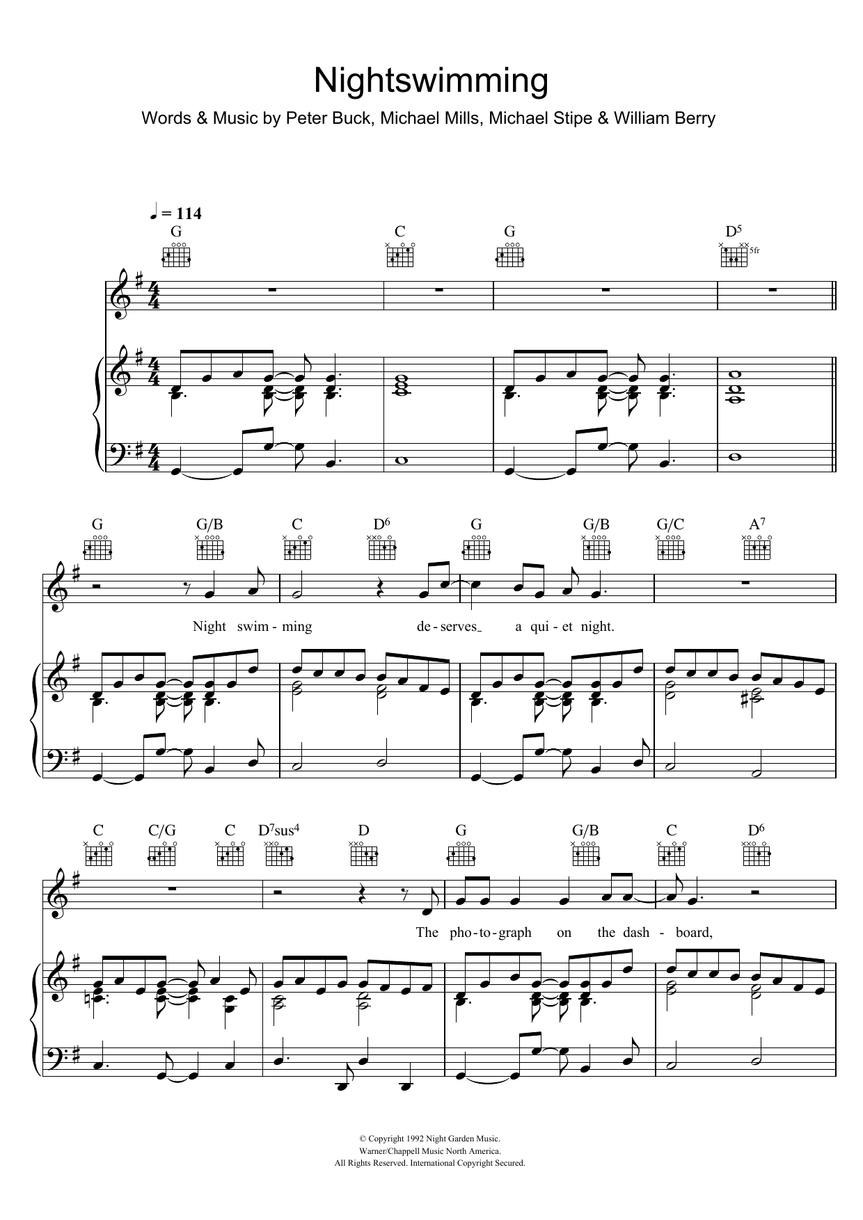 R.E.M. Nightswimming sheet music notes and chords arranged for Easy Guitar Tab