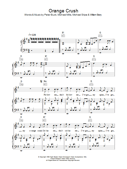 R.E.M. Orange Crush sheet music notes and chords arranged for Piano, Vocal & Guitar Chords (Right-Hand Melody)