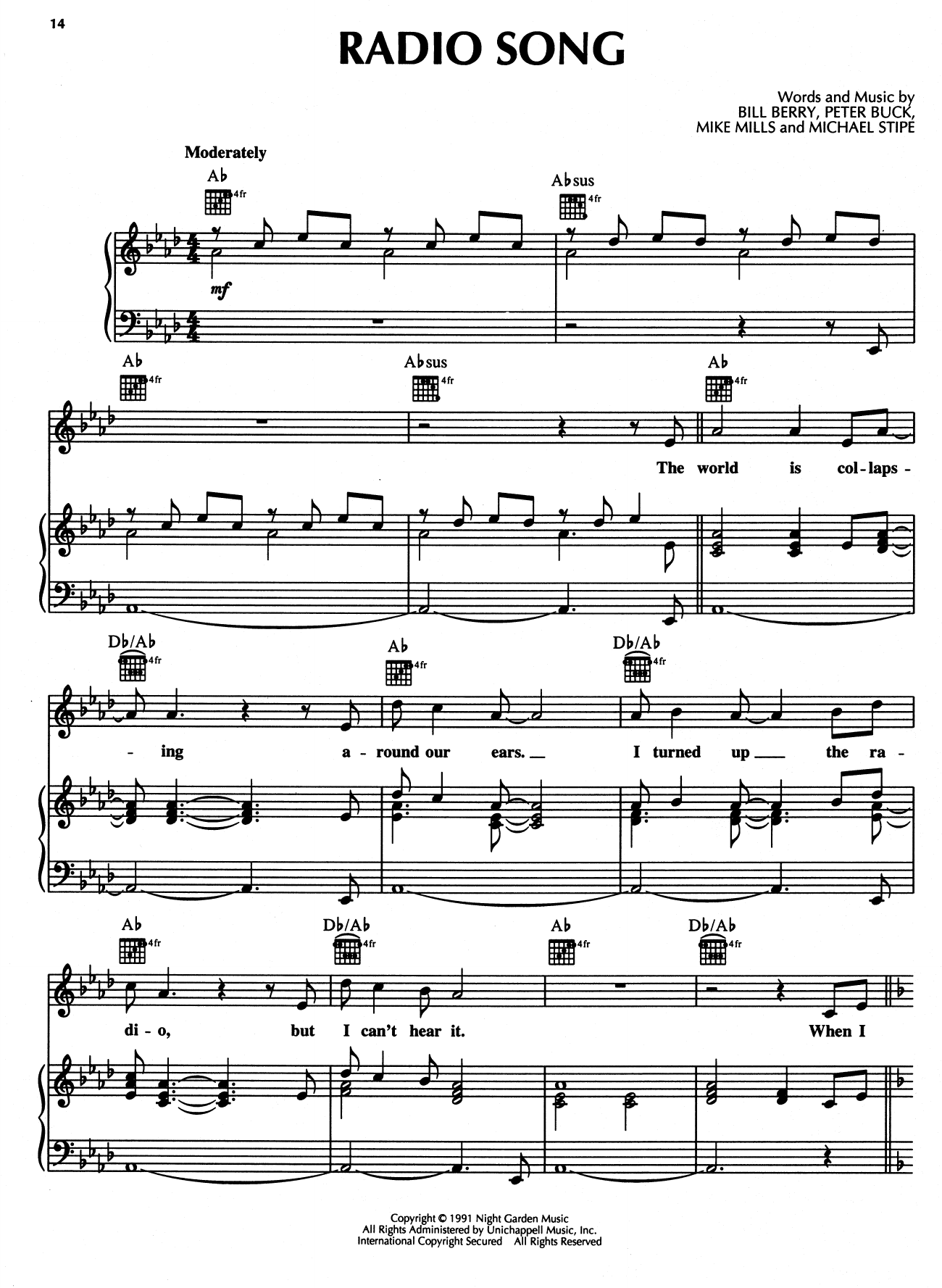 R.E.M. Radio Song sheet music notes and chords arranged for Piano, Vocal & Guitar Chords (Right-Hand Melody)
