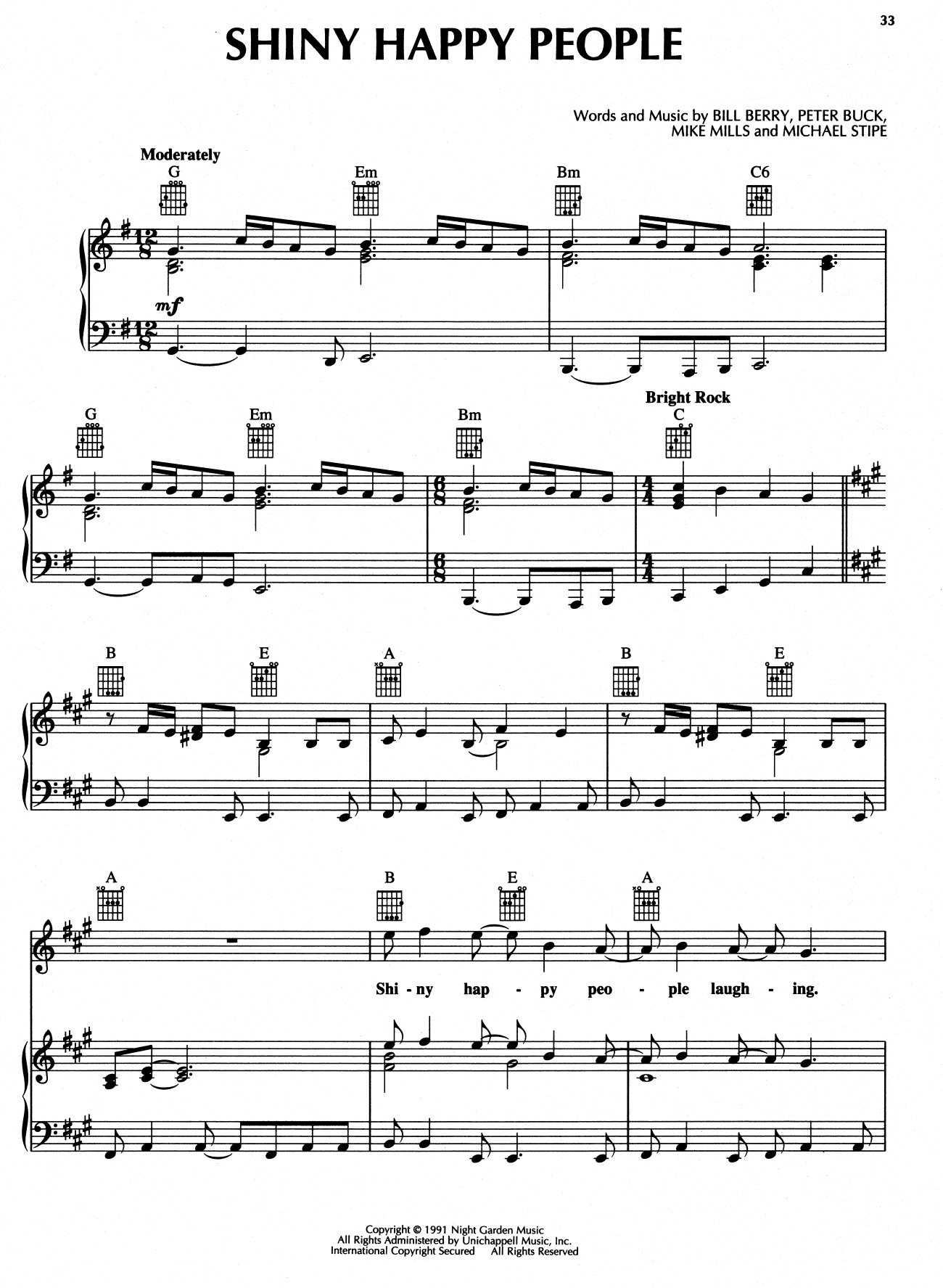 R.E.M. Shiny Happy People sheet music notes and chords arranged for Piano, Vocal & Guitar Chords (Right-Hand Melody)