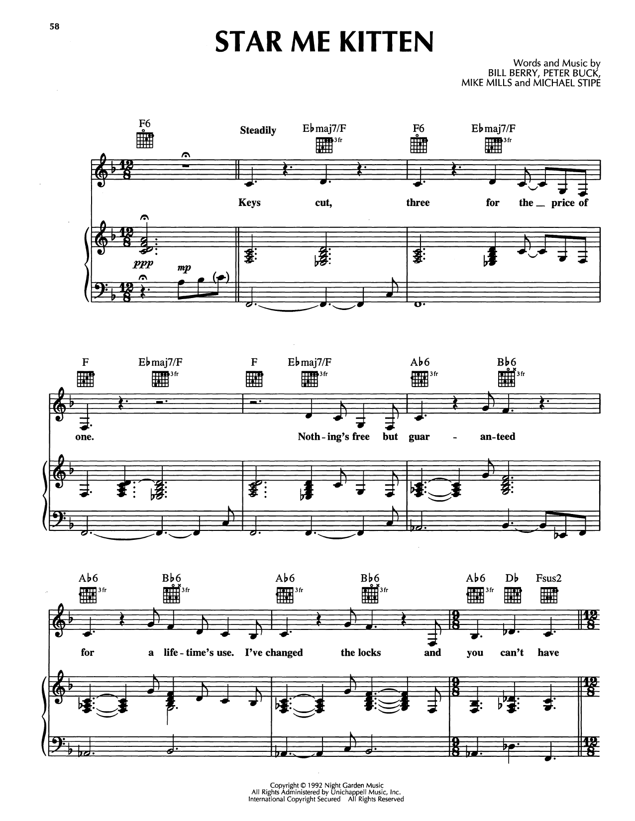 R.E.M. Star Me Kitten sheet music notes and chords arranged for Piano, Vocal & Guitar Chords (Right-Hand Melody)